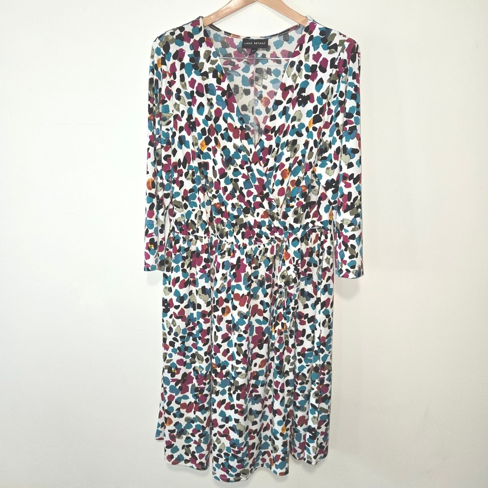 Lane Bryant Faux Wrap Dress Womens 18/20 Multi Abstract Petal 3/4 Sleeve V-Neck